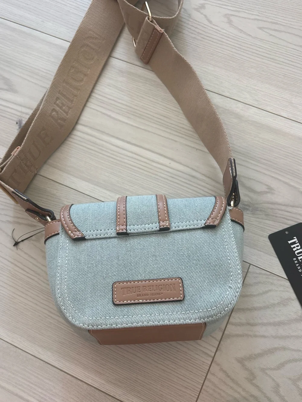 True Religion Denim Crossbody with Tan Trim and Gold Hardware